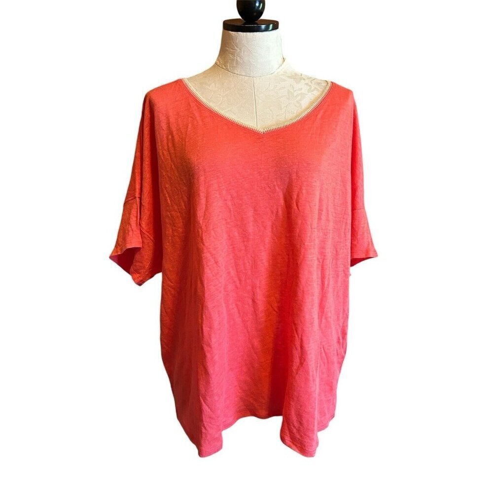 Chico's Coral Pink 100% Linen V-Neck Gold Trim Plus Sz 4 (XXL) Short Sleeve Top